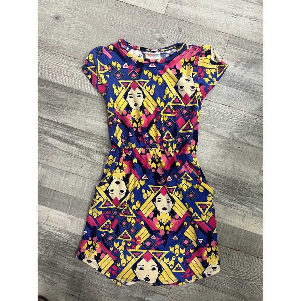 LuLaRoe Disney Mulan Dress Kids Size 6 Blue Yellow Pink Geometric Short Sleeve